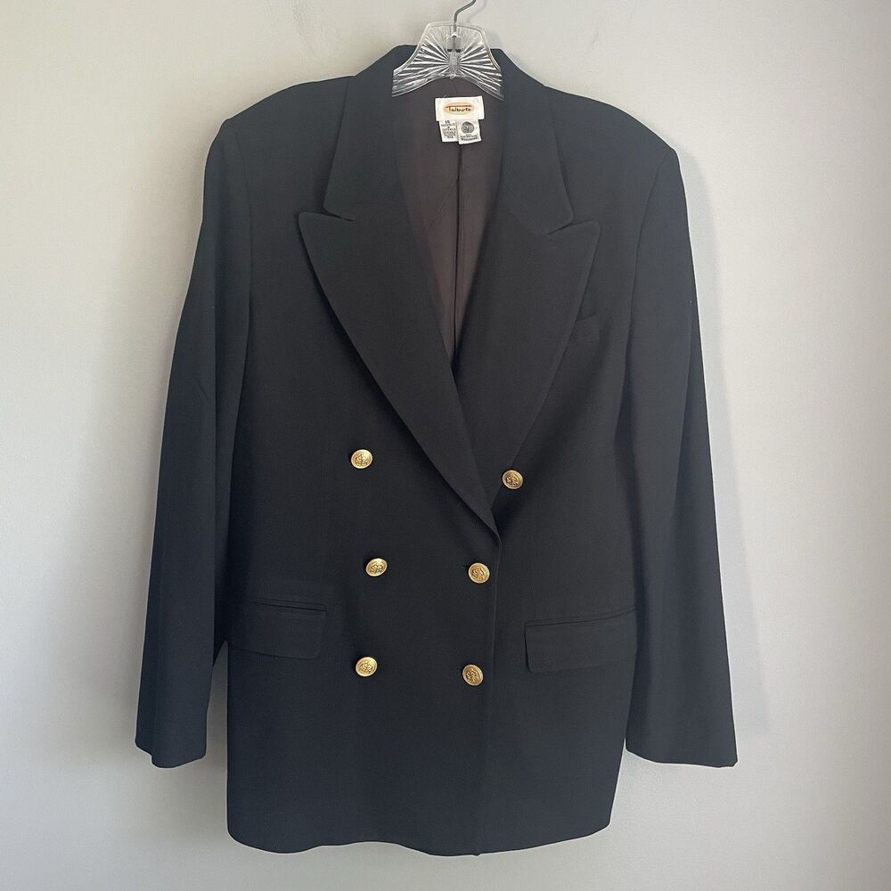 Talbots Wool Double Breasted Blazer Gold Crest Buttons Size 16 Black Career Prep